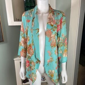 Floral Semi-Sheer Draped Kimono Cardigan Jacket Eyeshadow Large L